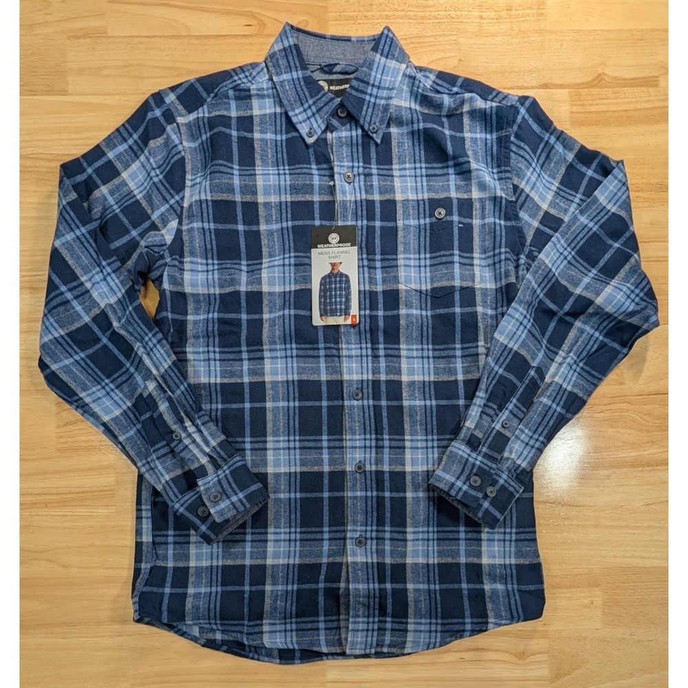 Weatherproof Mens Flannel Shirt Blue Plaid Long Sleeve Button‎ Down Small NWT